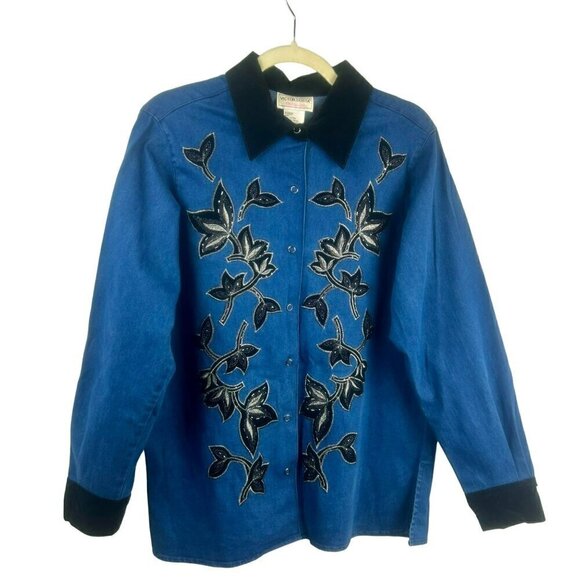 Vintage Victor Costa Shirt Skacket Women Small Blue Black Denim Velvet Beaded 90 - Picture 1 of 6